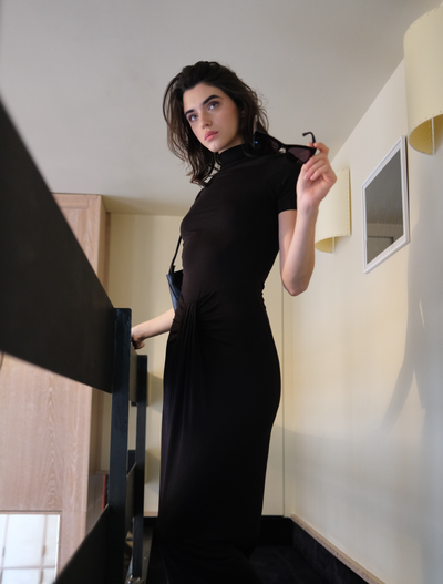 Nell Sarong Skirt Funnel Neck Dress in Black