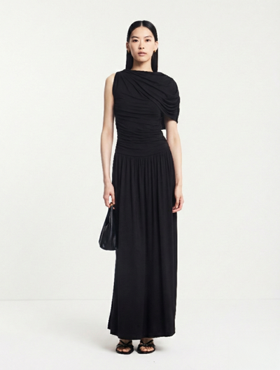 Mila Asymmetrical Caped Shoulder Maxi Dress in Black