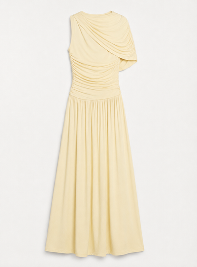 Mila Asymmetrical Caped Shoulder Maxi Dress in Butter Milk