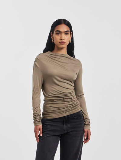 Iphis Draped Long Sleeve Top in Sage