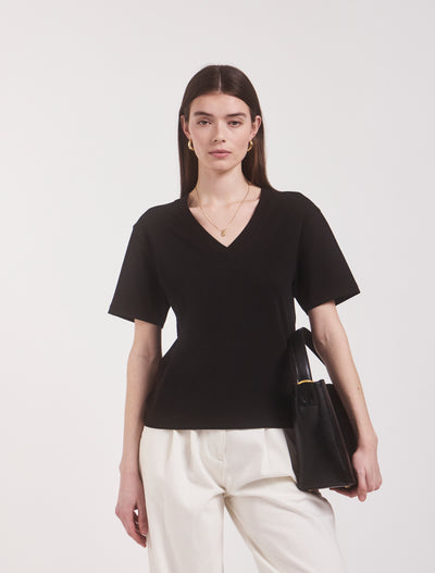 Compact Cotton V Neck T-shirt in Black