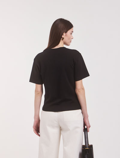 Compact Cotton V Neck T-shirt in Black