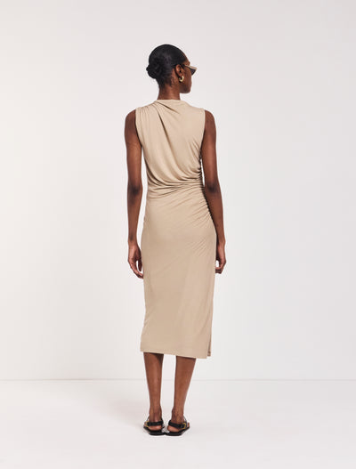 Lana Draped Midi Dress in Taupe
