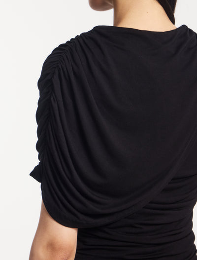 Mila Asymmetrical Caped Shoulder Maxi Dress in Black