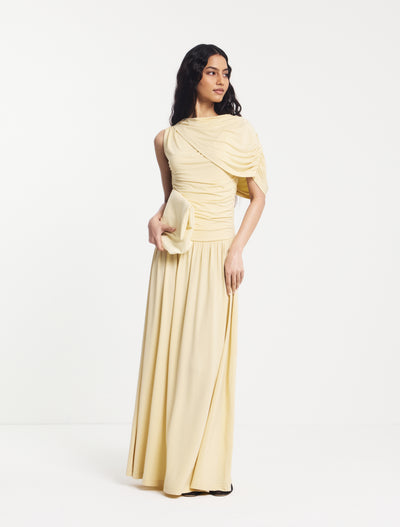 Mila Asymmetrical Caped Shoulder Maxi Dress in Butter Milk