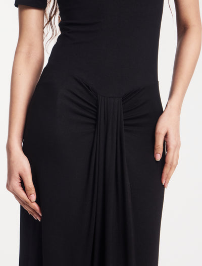 Nell Sarong Skirt Funnel Neck Dress in Black