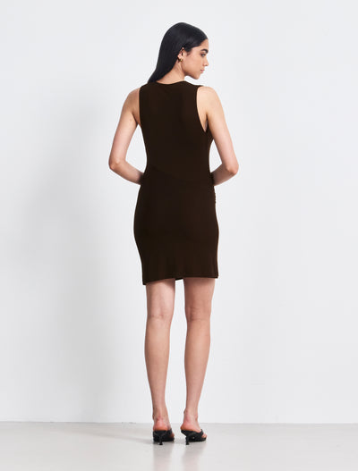Clarke Cowl Neck Back Mini With Cross Over Hem In Bitter Chocolate