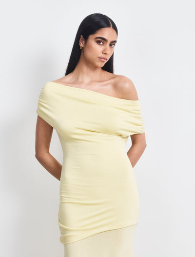 Lulu Asym Sleeve Tee Column Dress With Asym Ruching In Lemon