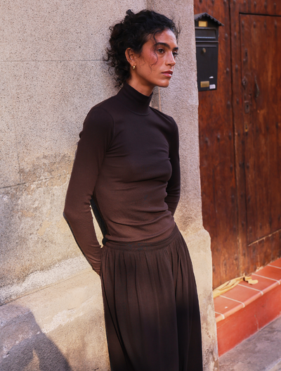 Classic Rib High Neck Top in Bitter Chocolate