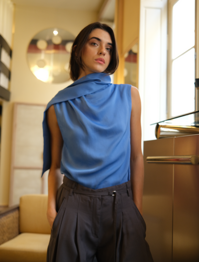 Arlo Drape Scarf Back Top in Cornflower
