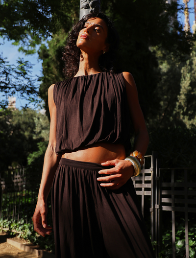 Koa Puff Ball Hem Top In Bitter Chocolate