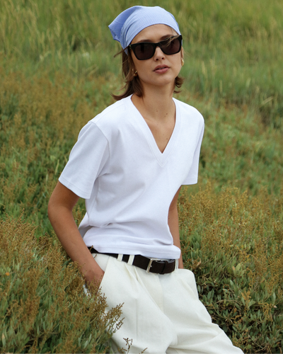 Compact Cotton V Neck T-shirt in Off White