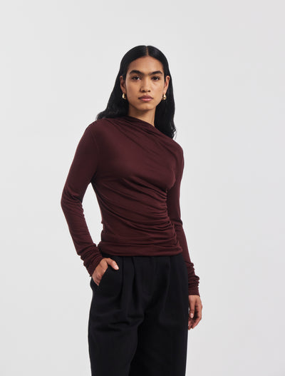 Iphis Draped Long Sleeve Top in Bordeaux