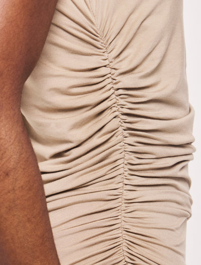 Lana Draped Midi Dress in Taupe