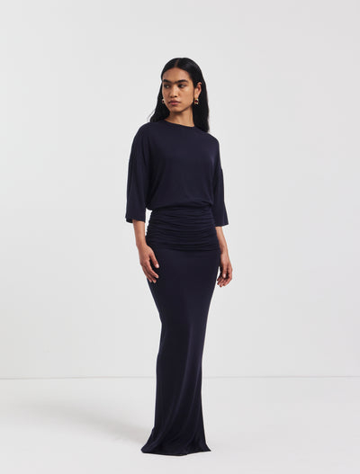 Leah Ruched Maxi Skirt in Darkest Navy
