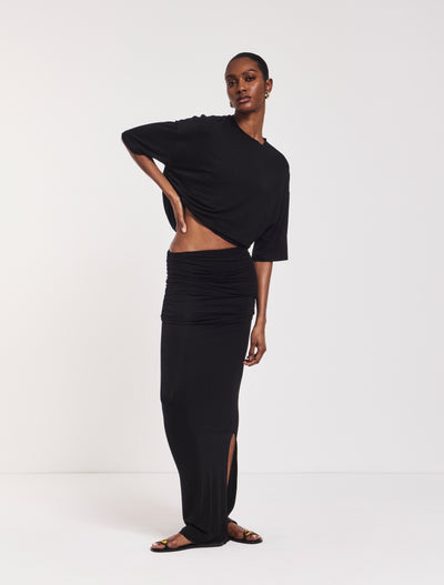 Leah Ruched Maxi Skirt in Black