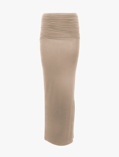 Leah Ruched Maxi Skirt in Taupe