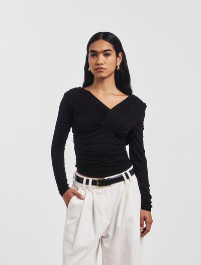 Corey Ruched Long Sleeve Top in Black