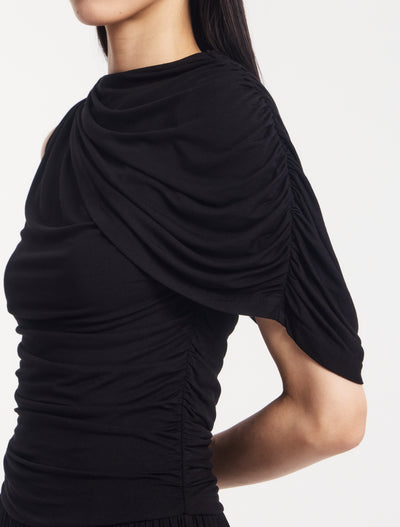 Mila Asymmetrical Caped Shoulder Maxi Dress in Black