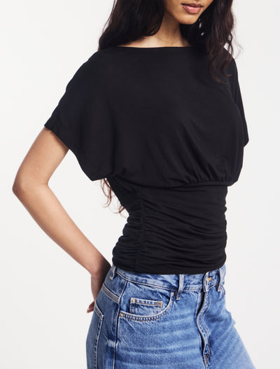 Amelie Slash Neck Gathered Side Top in Black
