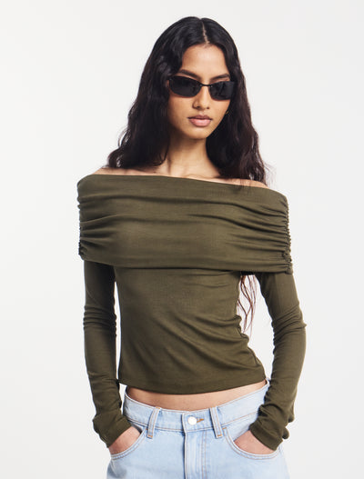 Stevie Rib Fold Over Top in Leaf Green
