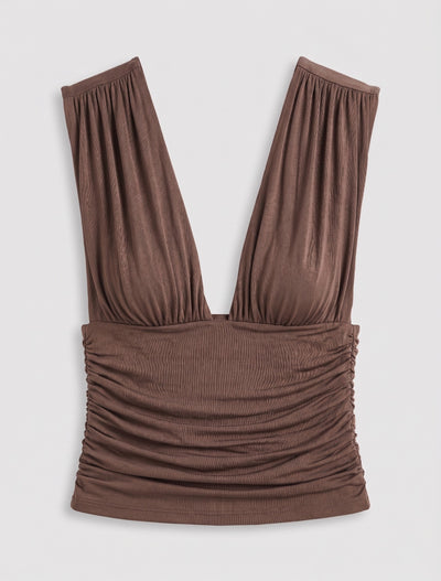 Orla Low V Neck Rouch Side Top In Mocha