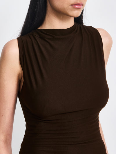 Clarke Cowl Neck Back Mini With Cross Over Hem In Bitter Chocolate