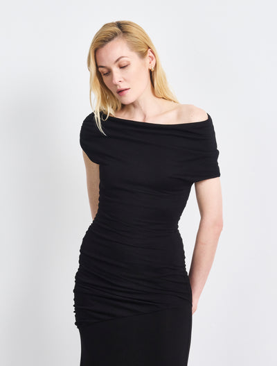 Lulu Asym Sleeve Tee Column Dress With Asym Ruching In Black