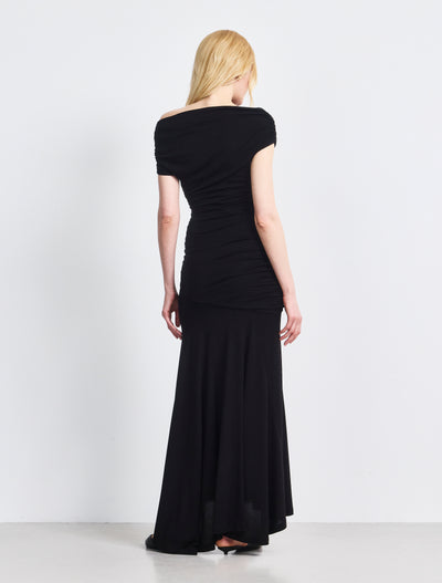 Lulu Asym Sleeve Tee Column Dress With Asym Ruching In Black