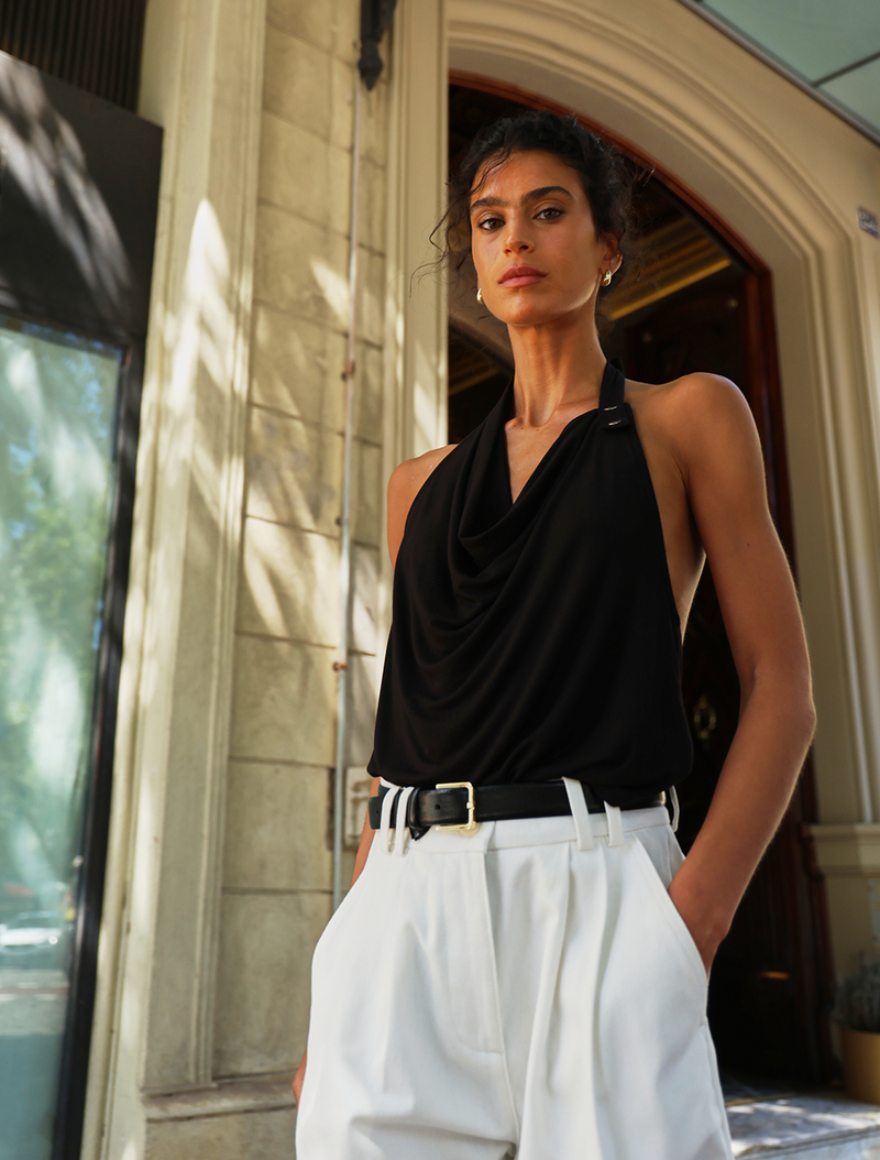 Sierra Drape Front Halter Top In Black